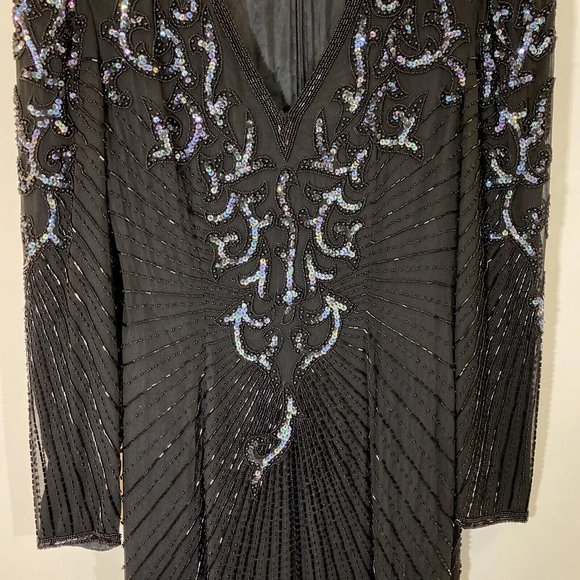 AJ Bari Dress Beaded Elegant Evening Date Wedding Asymmetric Disco Silk - Picture 6 of 11